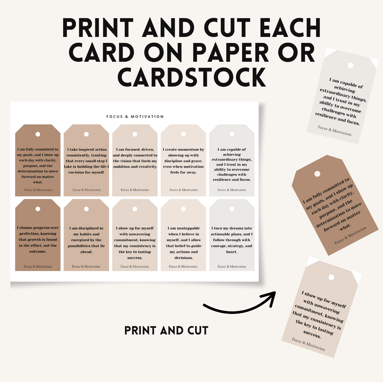 Printable sheet of twelve Focus & Motivation affirmation cards in neutral tones, designed to be cut out and used for journaling, planners, or daily mindset rituals. Includes empowering full-sentence affirmations to support goal-setting, discipline, and inspired action.